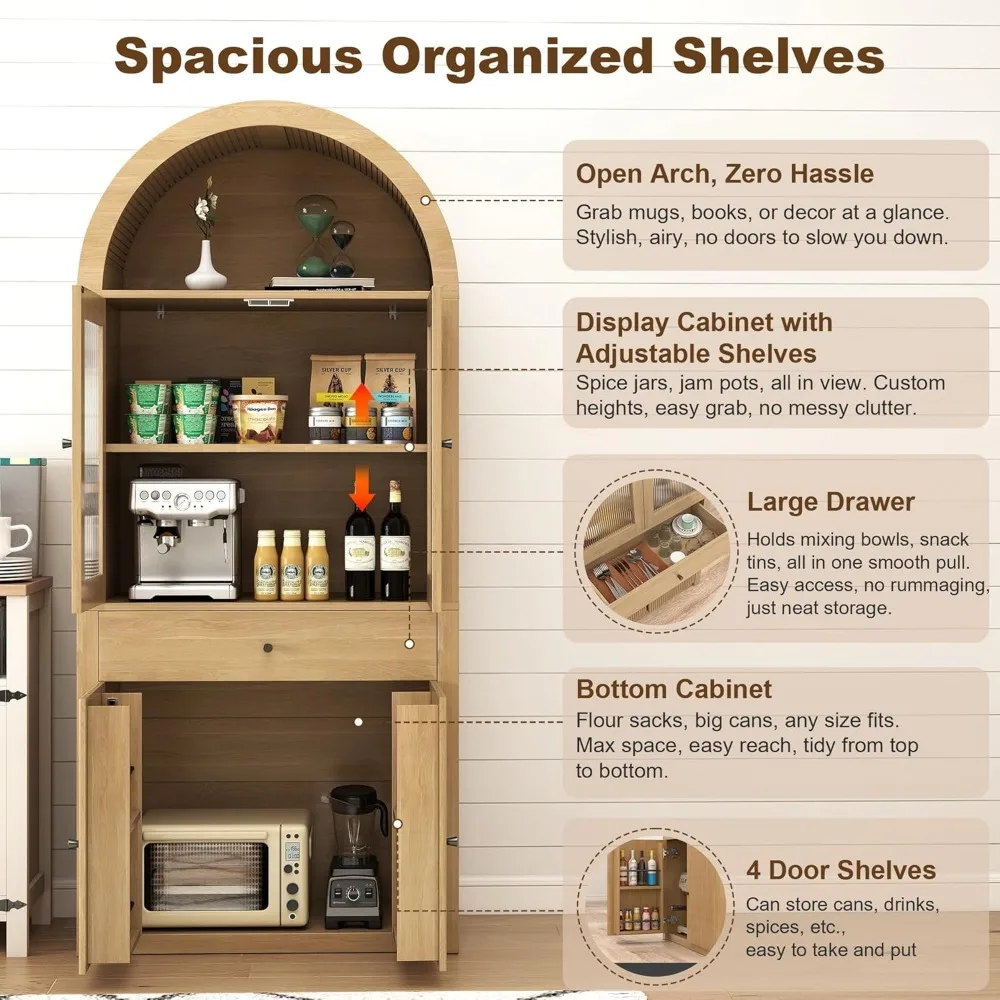 خزانة مطبخ طويلة على طراز المزرعة مع أدراج، 4 أبواب، أرفف قابلة للتعديل للتخزين