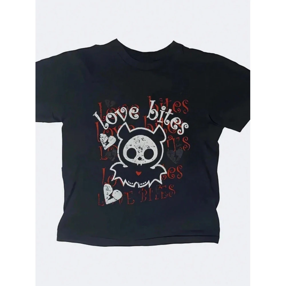 Women Gothic Aesthetic Tee Broken Heart Letter Print Dark Punk Streetwear Black T‑Shirt
