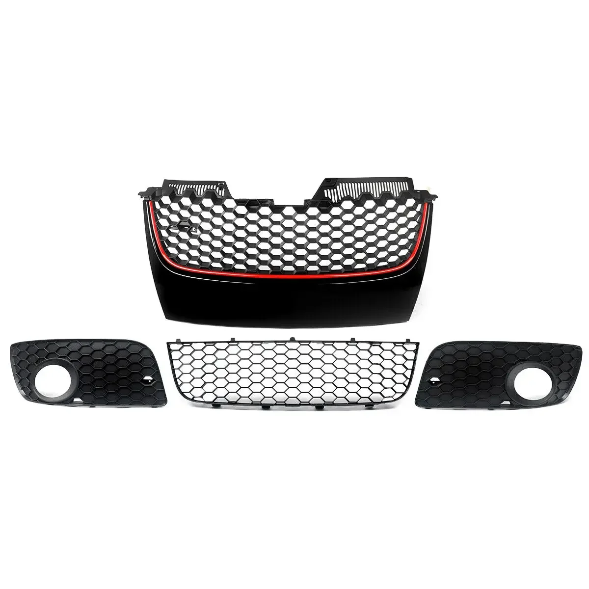 Front Bumper Upper Lower Mesh Grille Red Trim For 06-09 VW Jetta GTI GLI /MK5