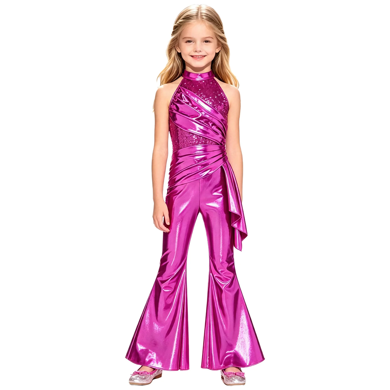 Kids Girls Halter Jumpsuit 70s 80s Disco Outfit Childs Sleeveless Sequined Metallic Flared Pants Rompers for Jazz Dance Costume view 4