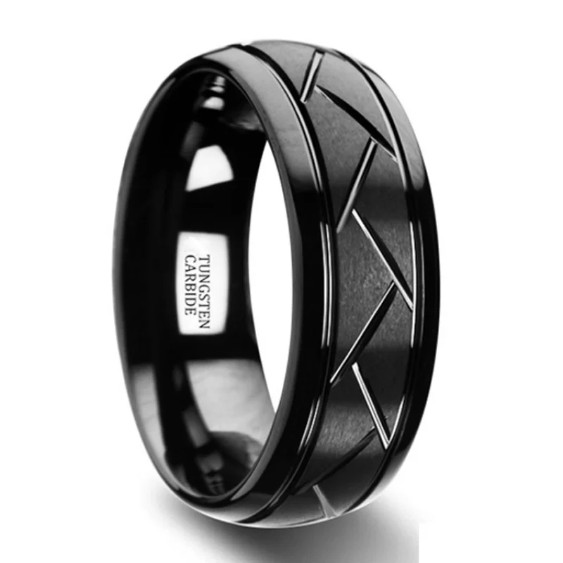 Fashion Men’s Silver Color Black Stainless Steel Ring Groove Multi-Faceted Ring For Men Women Engagement Ring Anniversary Gifts