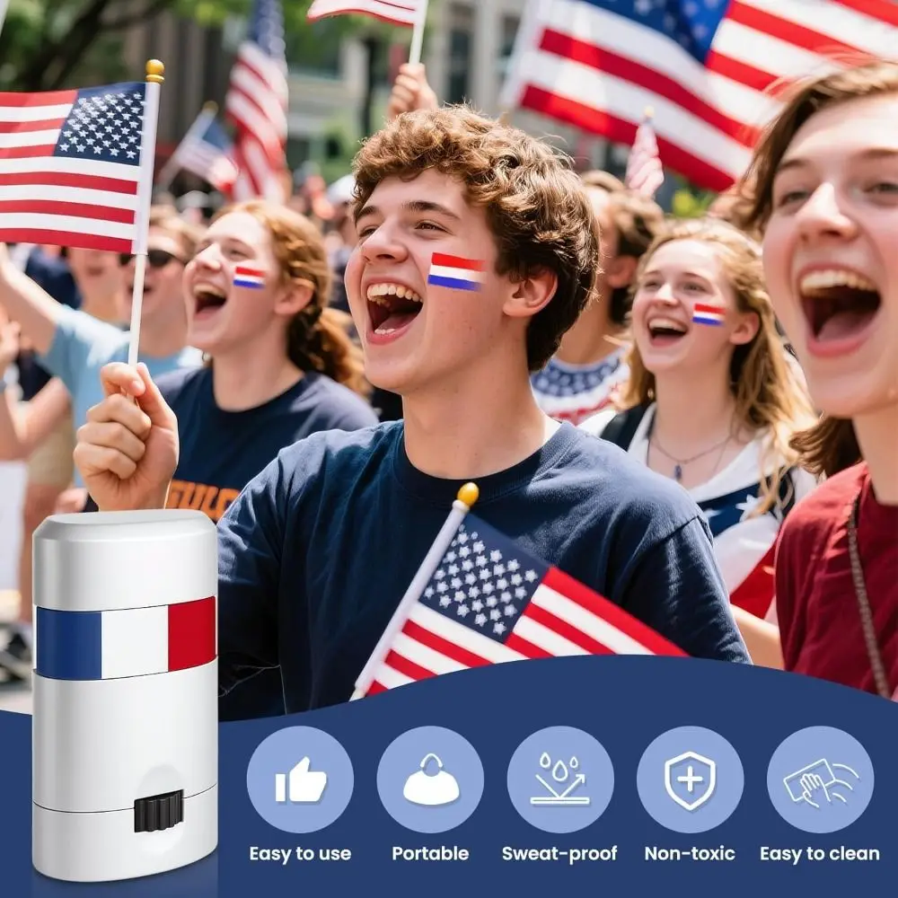 สีเพ้นท์หน้าและตัวแบบแท่ง สีแดง ขาว และน้ำเงิน กันเหงื่อ เนื้อสีนุ่มละลายง่าย สีดำสำหรับทาตา ติดทนนาน ปากกาเพ้นท์ตัว