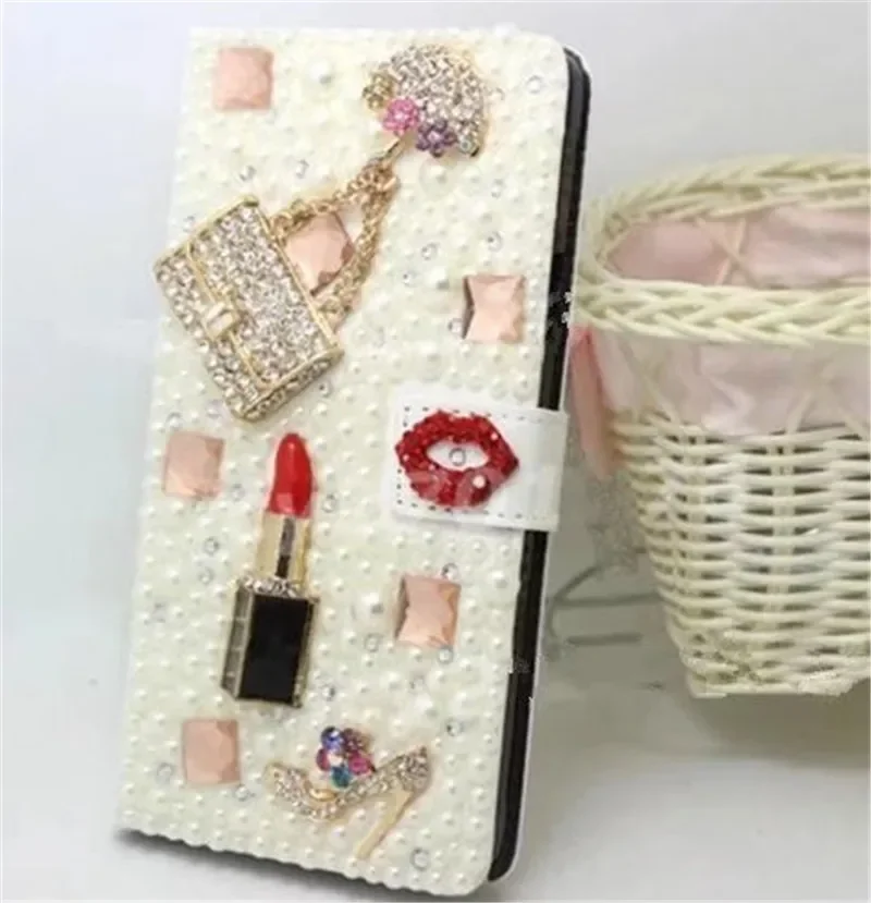 Luxury Bling Handmade Glitter Rhinestone Pearl Leather Flip Wallet Phone Case for iPhone, 14, 16, 12, 13 Pro Max, XR, 15 16Plus