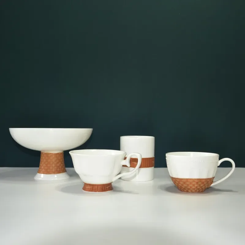 Handcrafted Chinese Style SICHUAN Origin Ceramic Porcelain-Bodied Bamboo-Woven Jade Porcelain Set Fruit Tray; Portable