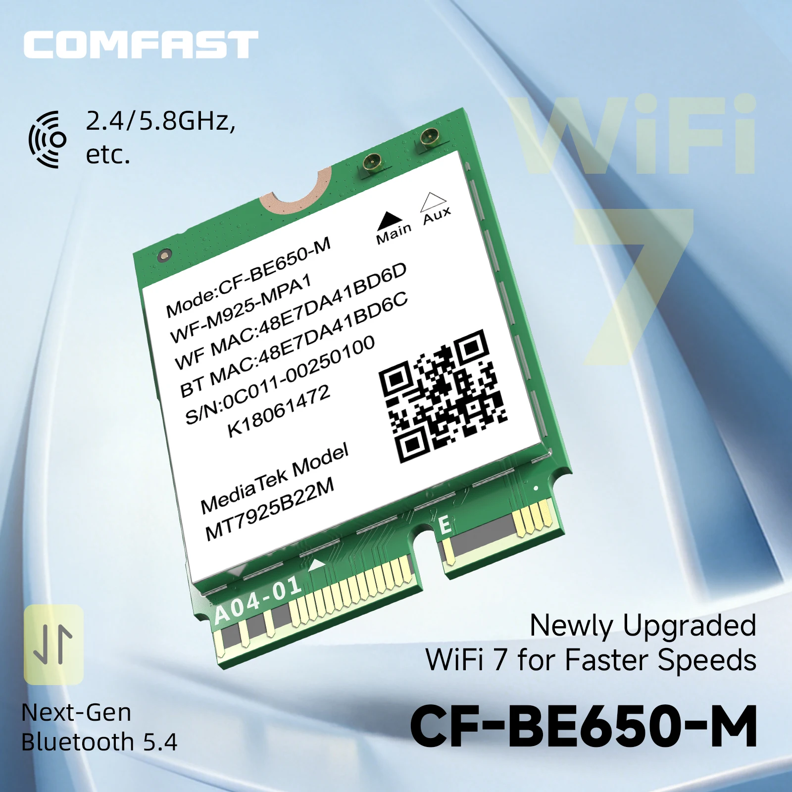 

COMFAST BE6500 WiFi7 M.2 Laptop Wireless Card 2.4/5.8/6GHz Tri-Band with Bluetooth 5.4 Bareboard Design for Notebook Upgrade