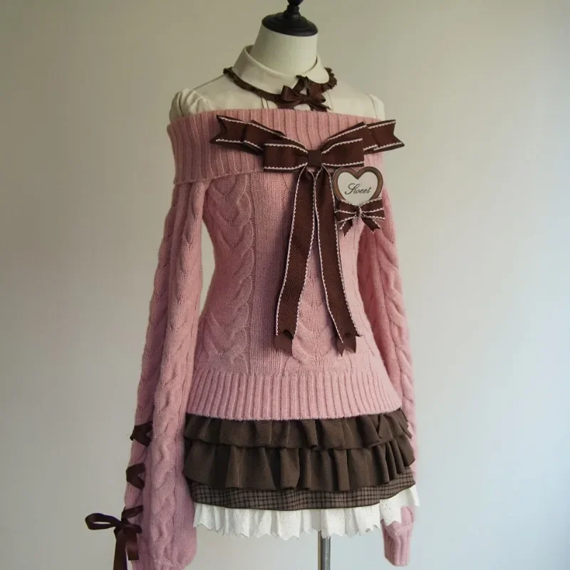 

Осень-зима, сладкий сексуальный вязаный свитер с открытыми плечами Y2k, облегающие джемперы для электронных девочек, повседневные корейские модные пуловеры с длинными рукавами