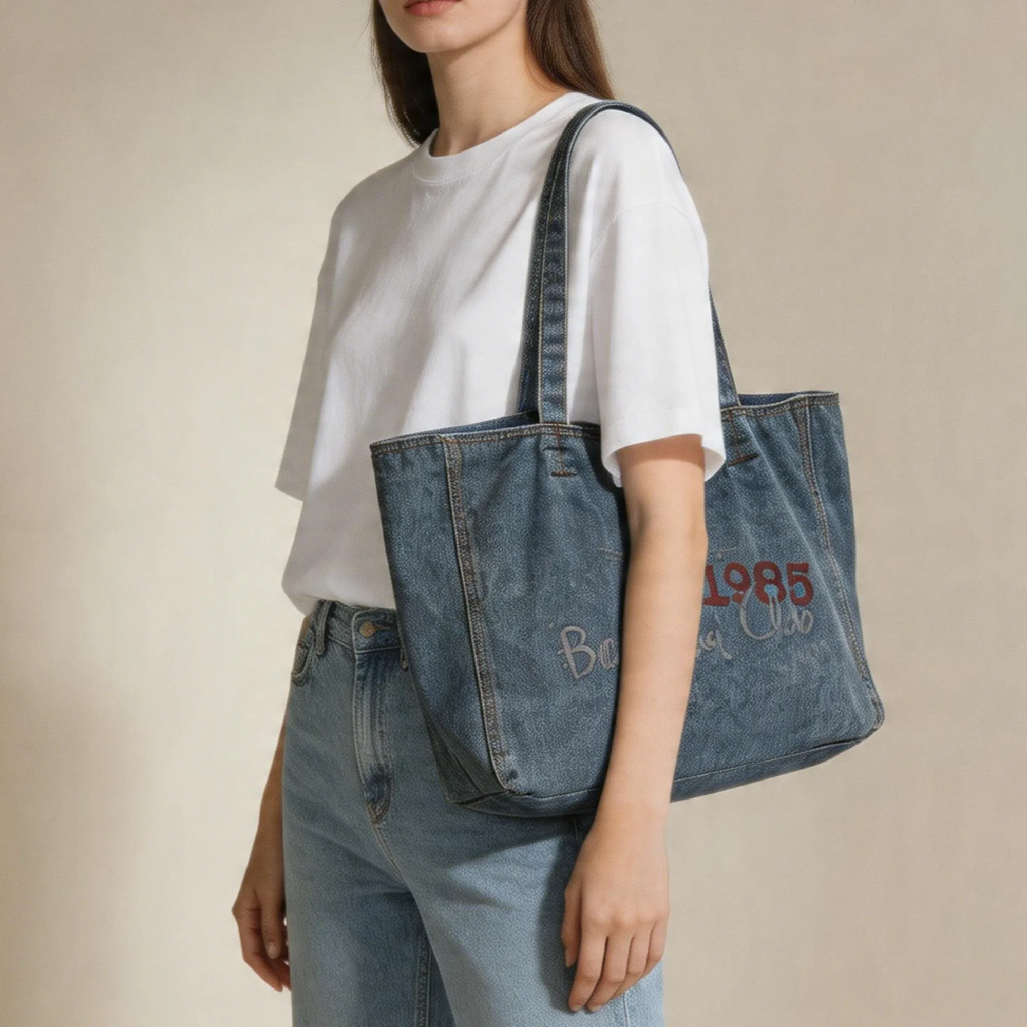 Women's Retro Letter Printed Shoulder Bag, Large Capacity Casual Washed Denim Crossbody Bags, Daily Shopping Handbag