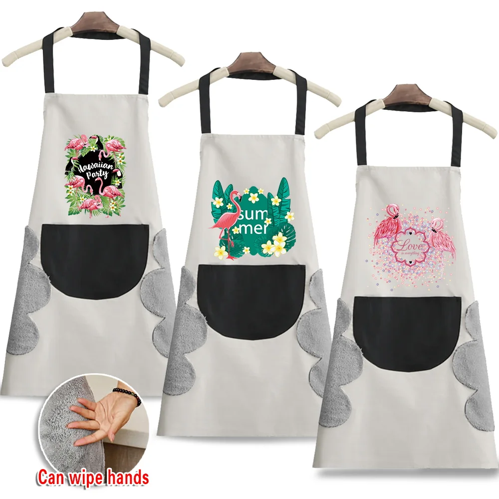 

Hand-wiping Cooking Kitchen Apron Women Waterproof Adult Waist Apron Coffee Overalls Wipe Flamingo Pattern Studios Uniform