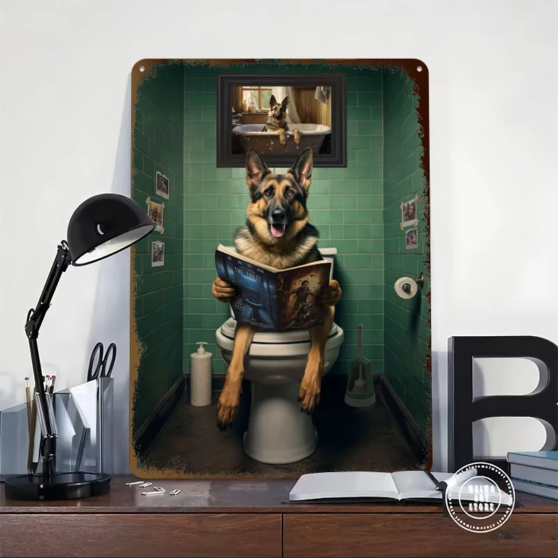 German Shepherd on Toilet Tinplate Posters Customizable Wall Art Retro Vintage Metal Signs for Home Room Setup Decorations Decor