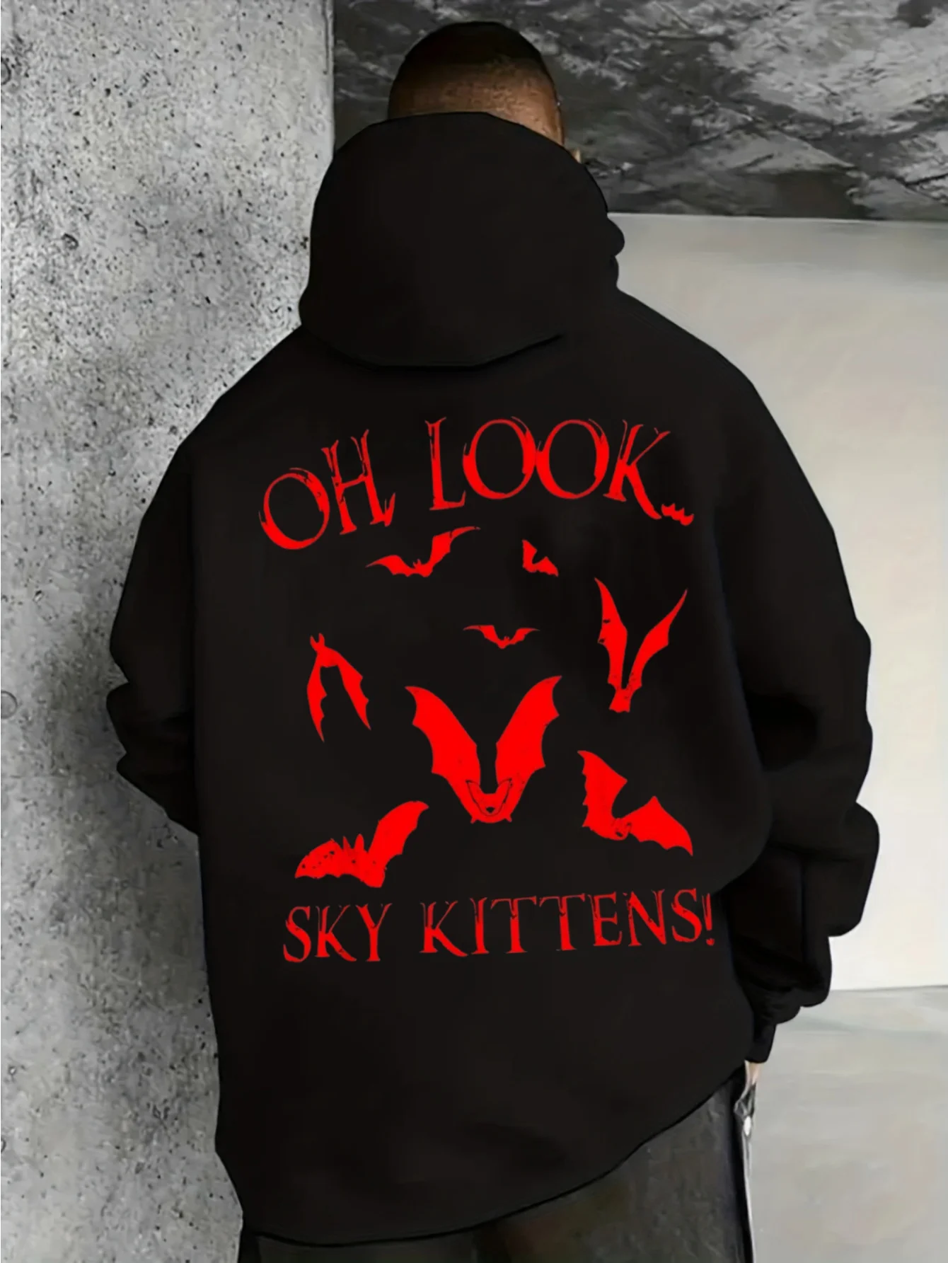 Unisex Pullover Hoodie with Gothic Bat Pattern Design, Halloween Style, Long Sleeves