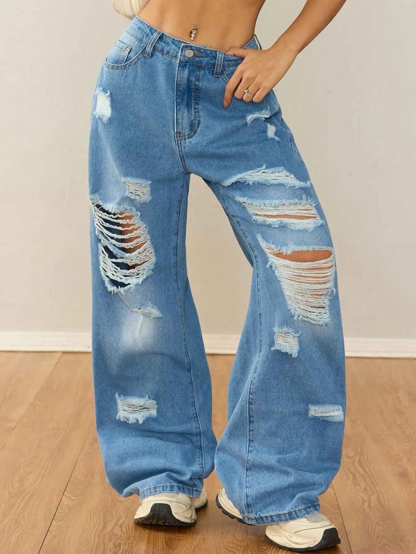 

Women's Distressed Straight-Leg Jeans with Oversized Hem - Urban Streetwear Staple