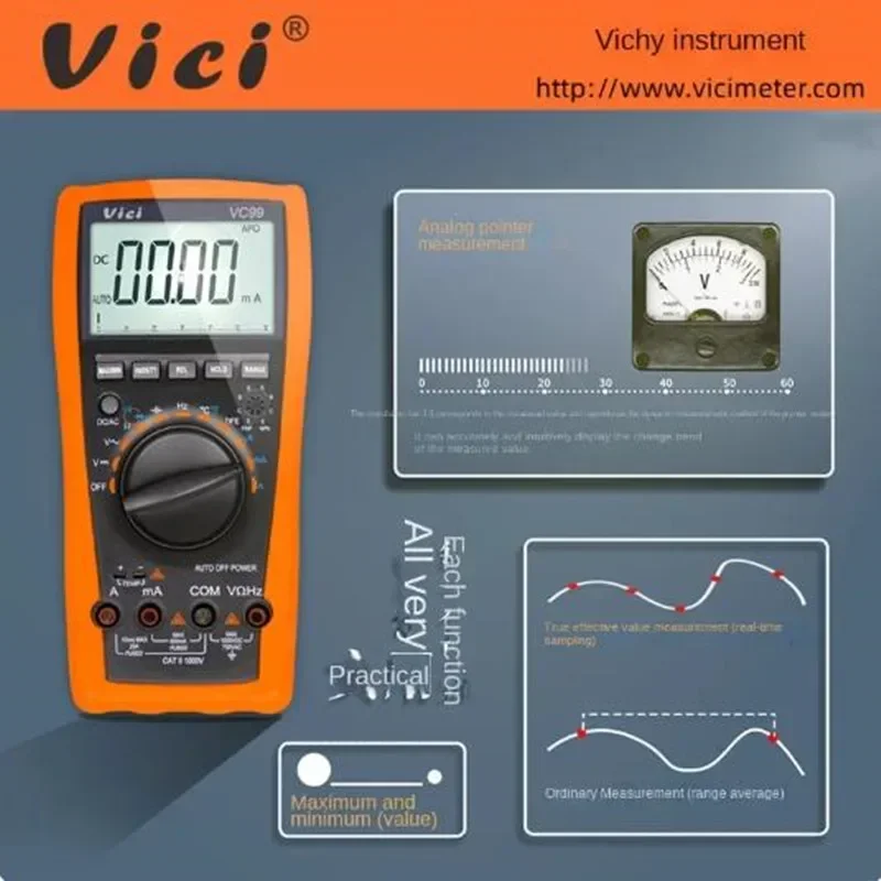 VICI Digital Multimeter VC99 3 6/7 Voltmeter Ammeter Temperature AC DC Volt Amp OHM Capacitance Hz Test Thermocouple Analog Bar