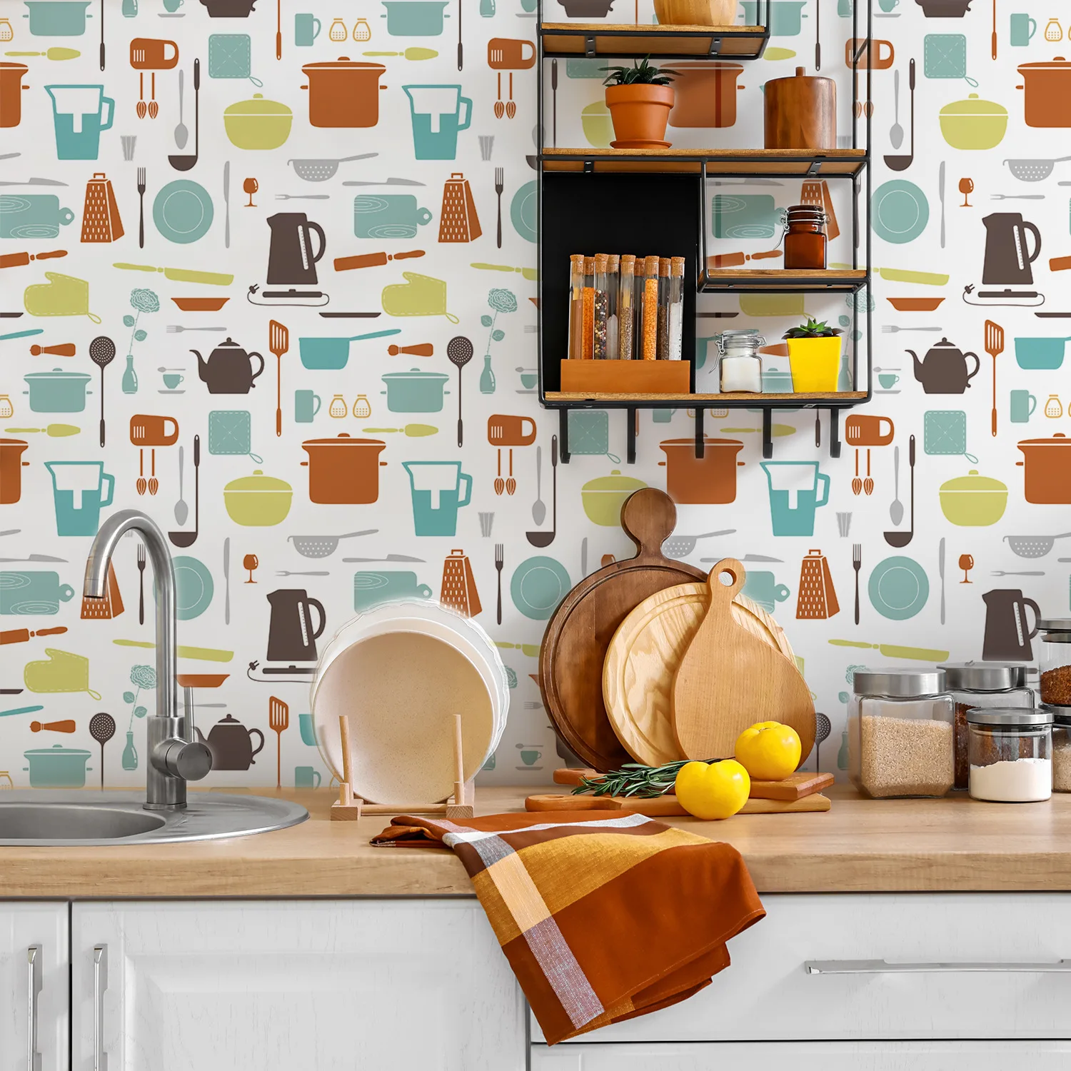 Peel and Stick Wallpaper Kitchen Utensil Cookware Pattern Contact Paper Waterproof Vinyl Wall Paper for Kitchen Backsplash
