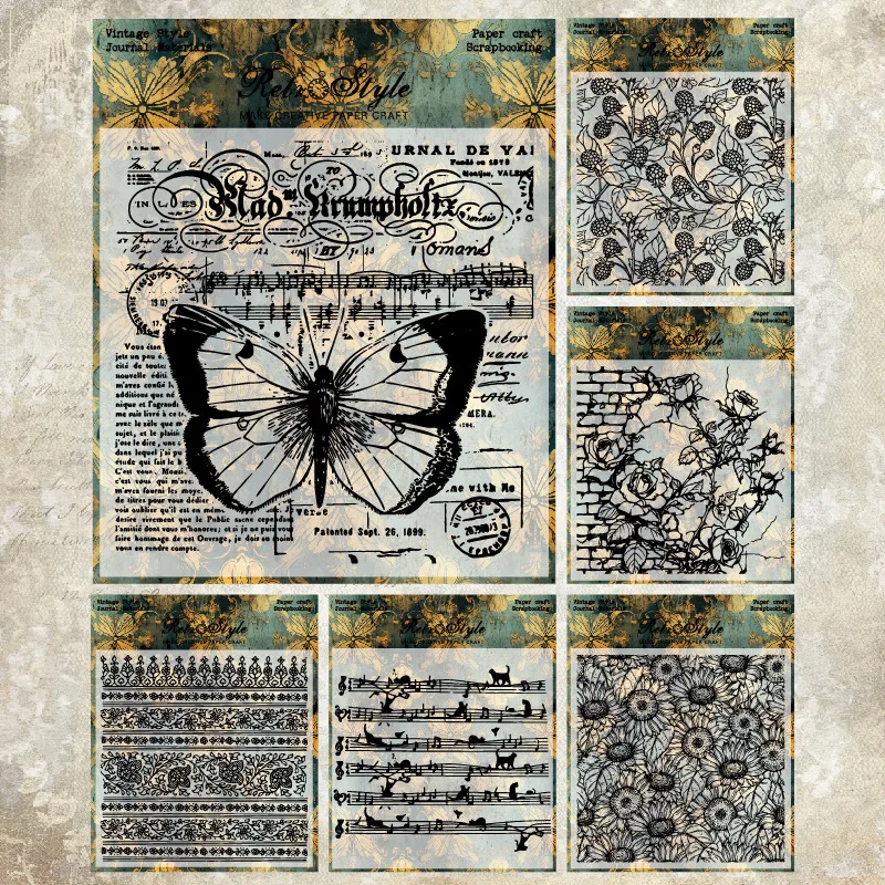 Vintage Butterfly Music Script Floral Pattern Clear Stamps Scrapbook Embossing Paper Card for Junk Journal Album Craft