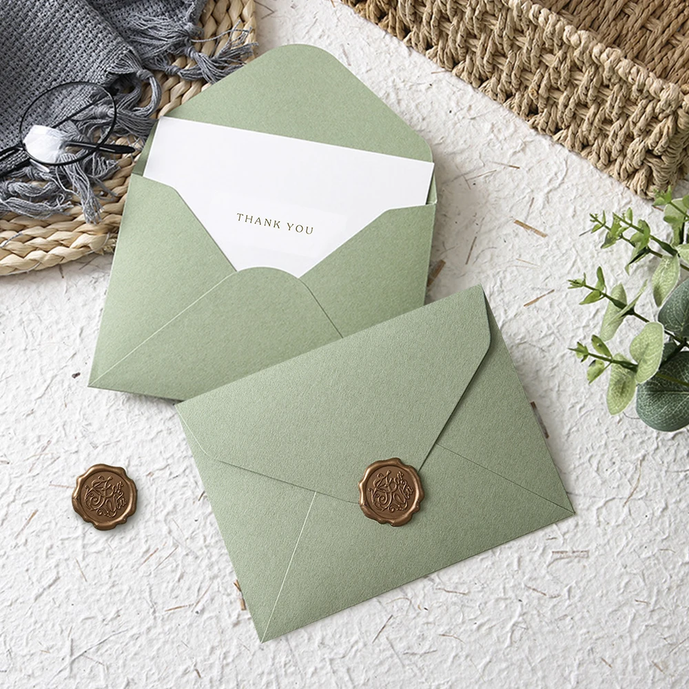 15 Pcs Greeting Card Envelope Set, Avocado Green Envelope Birthday Card Comes with Paint Stamped Handwritten Greeting Card