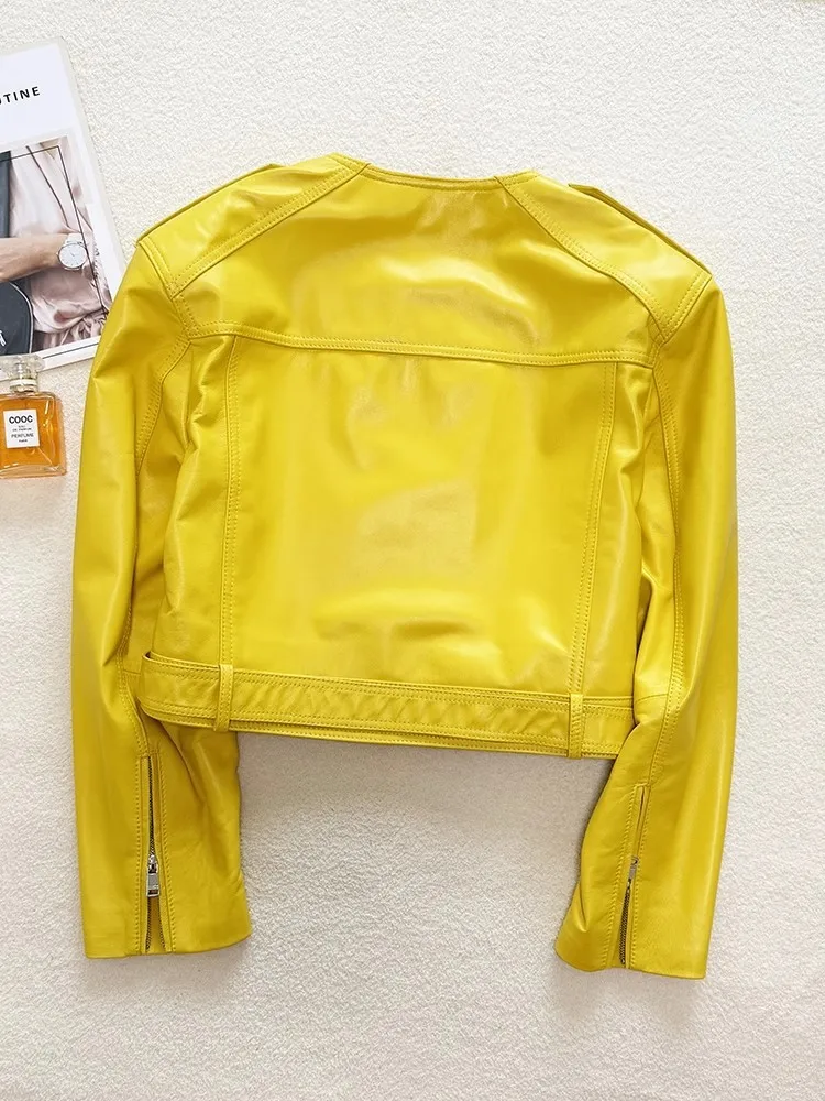 Giacca da moto da donna in vera pelle o-collo moda manica lunga punk streetwear nuova zip slim fit cappotto corto in pelle di pecora femminile