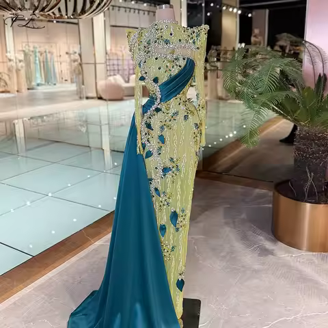 Gorgeous Contrast Color Evening Dress With Train Yellow Long Sleeve Mermaid Dress Crystal Party Dress Cocktail Dress 2025