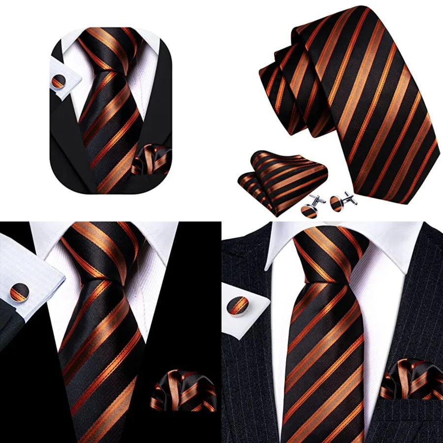 

Tie Sets for Men Silk Stripe Necktie Woven Checkered Handkerchief Cufflinks Formal Business Wedding, Black Orange