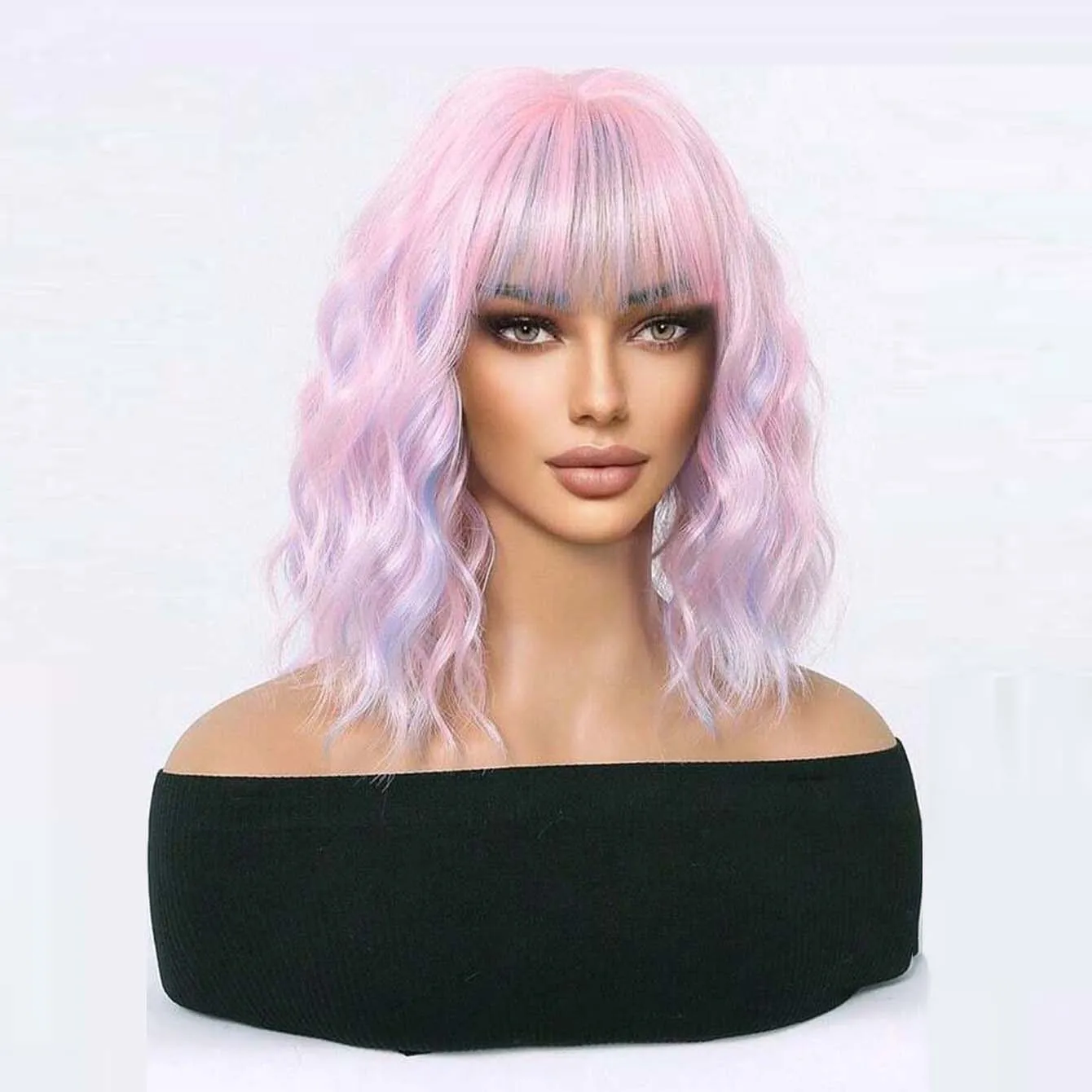 14Inch Roze Gemengde Paarse Dubbele Kleur Synthetische Pruiken Met Bang Korte Golvende Haar Pruik Voor Vrouwen Dagelijks Gebruik Cosplay Hittebestendig