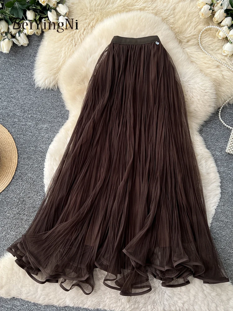 Beiyingni Autumn Elegant Women's Mesh Skirt 2026 Winter Fashion High Waisted A-line Skirts Feminine Kpop Street Chic Daily Skirt