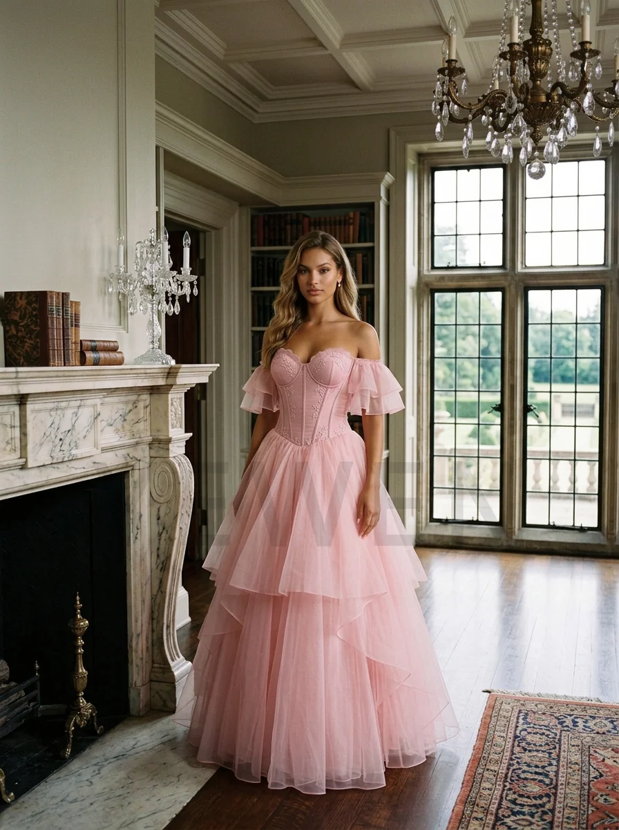 French Vintage Pink Layered Ball Gown Corset Bodice Off Shoulder Quinceanera Dress ML260081
