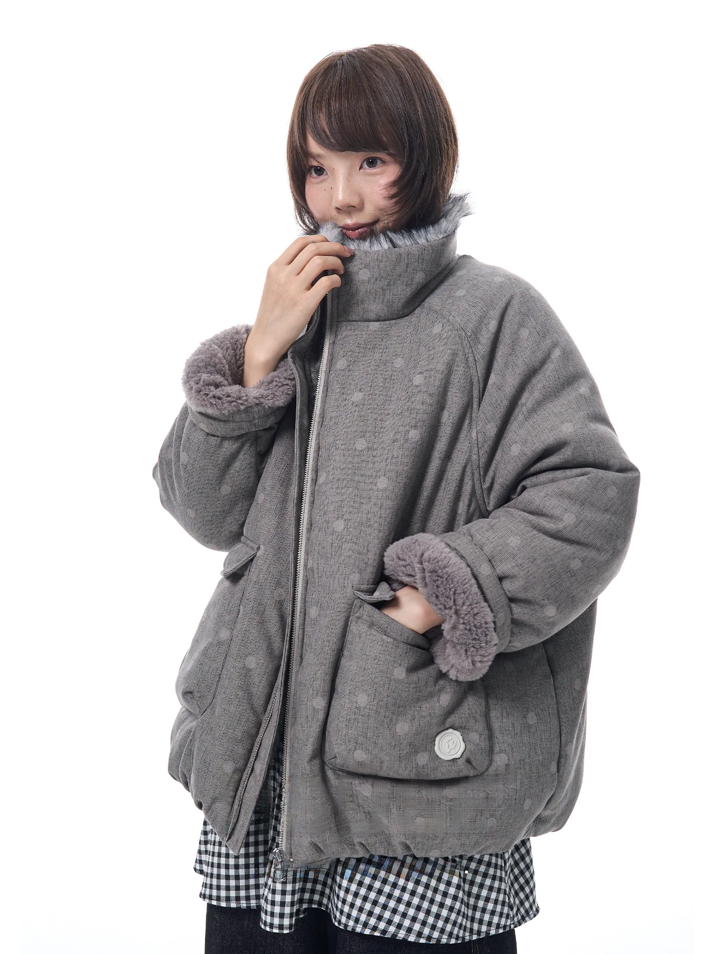 

HSUSE Original Design Heavyweight Polka Dot Fluffy down Cotton High Collar 3D Mid-Length Cotton Jaet Women's Faion