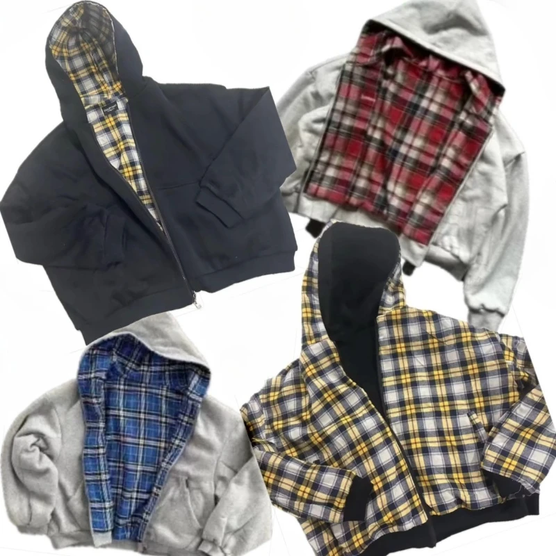 Autumn winter loose cardigan jacket sweater jacket streetwear retro double-sided square zipper hoodie fashionable men and women