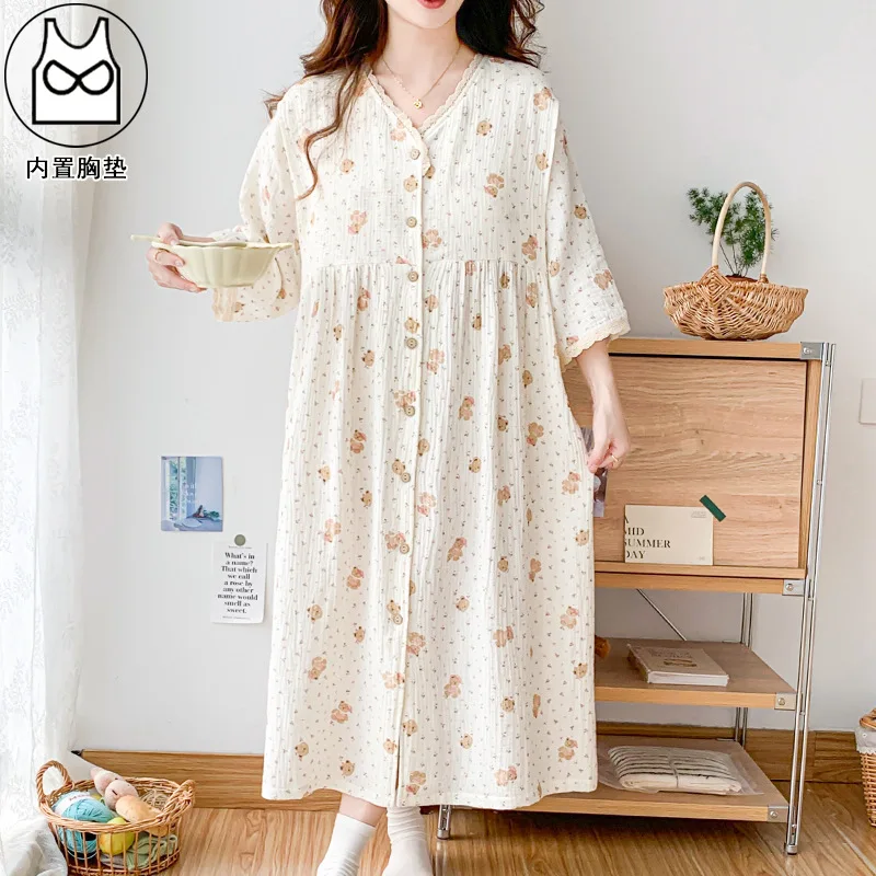 Spring Summer Thin Breathable Maternity Nursing Night Dress Long Sleeve Loose Feeding Sleepwear Pregnancy Postpartum Home Lounge