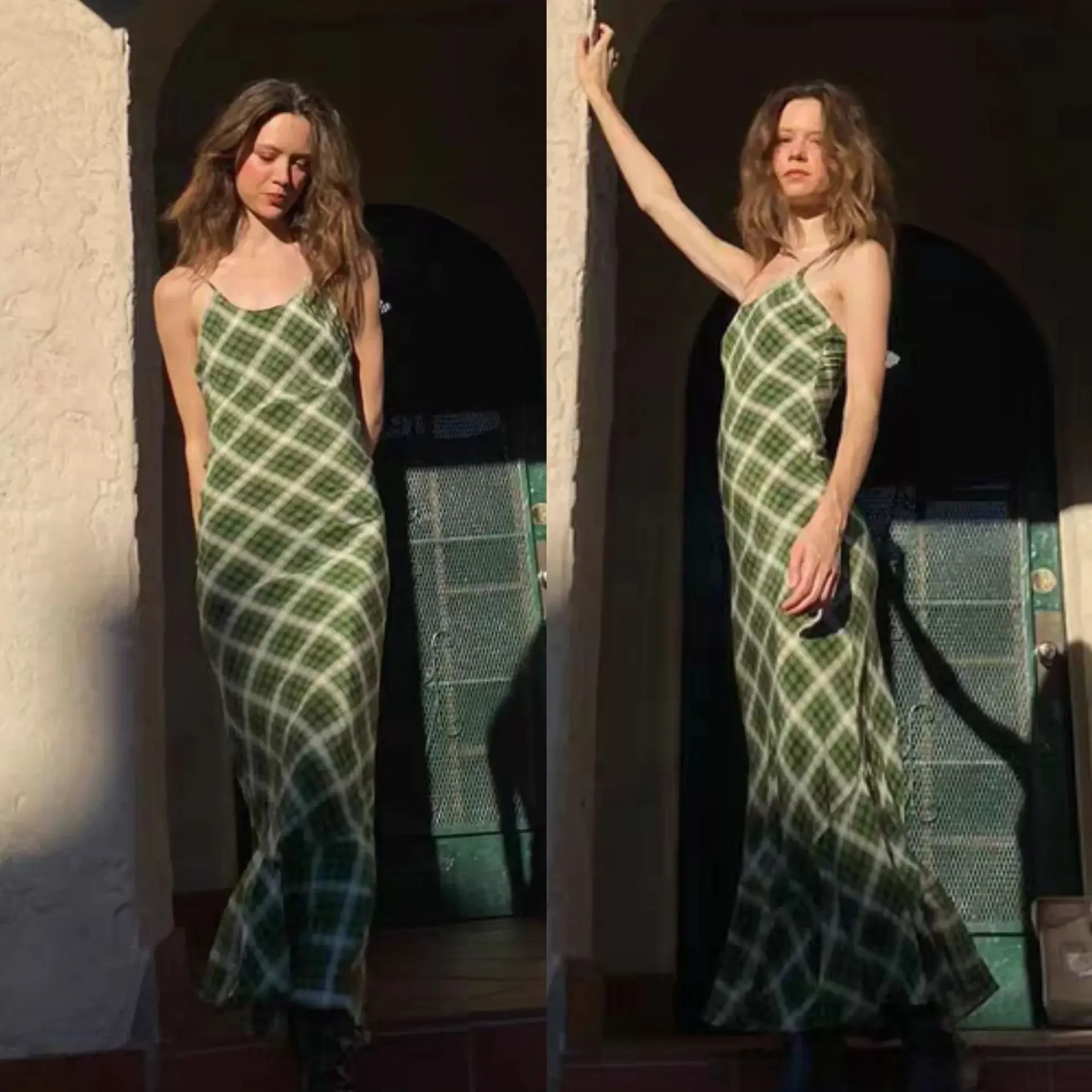 Vintage cuadros verdes · Vestido de tirantes largos con falda de cola de pez oscilante grande de crepé doble de seda de corte Diagonal de lujo ligero francés