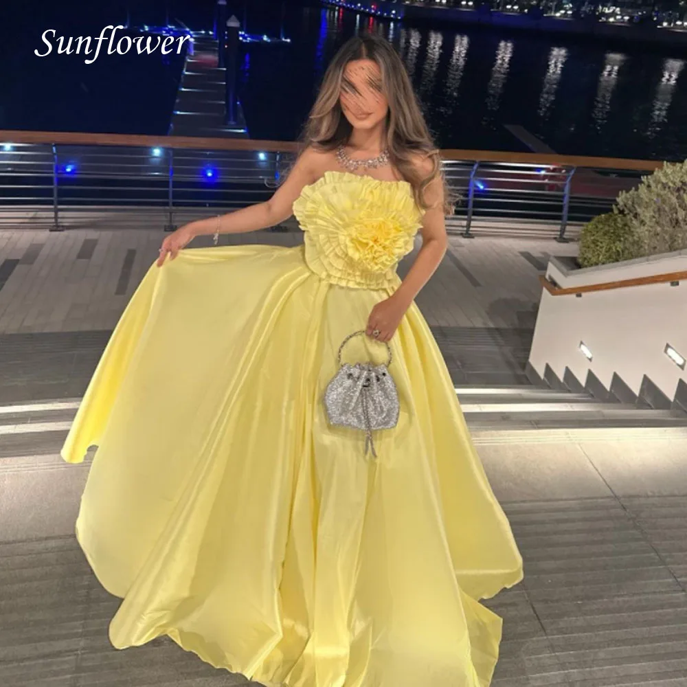 Sunflower Flowers Strapless Prom Gowns Backless A-LINE Evening Dress Slim Satin Floor-Length Party Dress 2023 High-end Custom