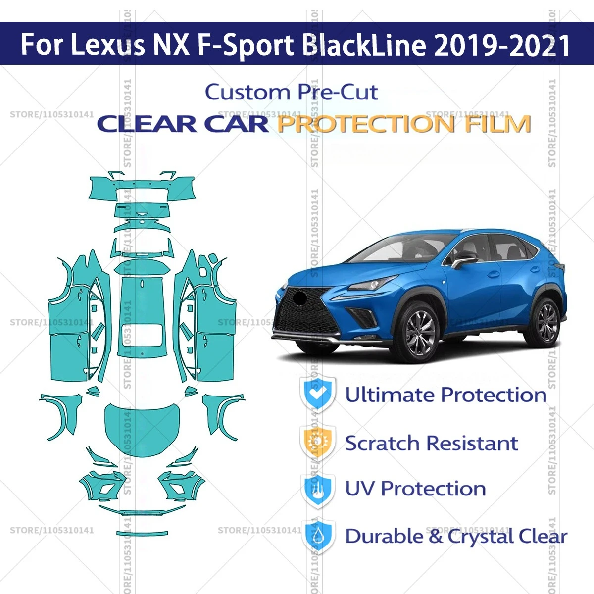 

Для Lexus NX F-Sport BlackLine 2019-2021: Предварительно вырезанная прозрачная защитная пленка (PPF) для автомобиля, полная защита кузова