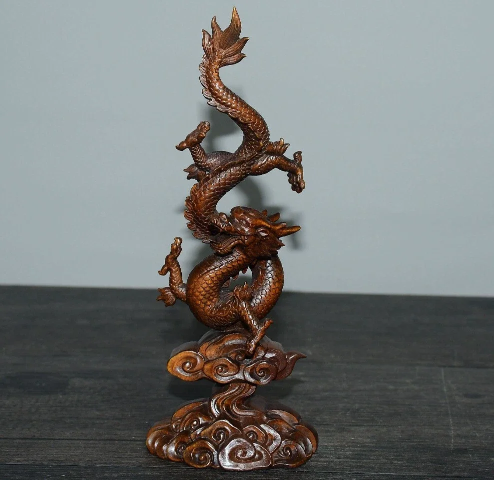 Chinese Antique Boxwood Carved Dragon Statue Wooden Loong Sculpture Home Decor