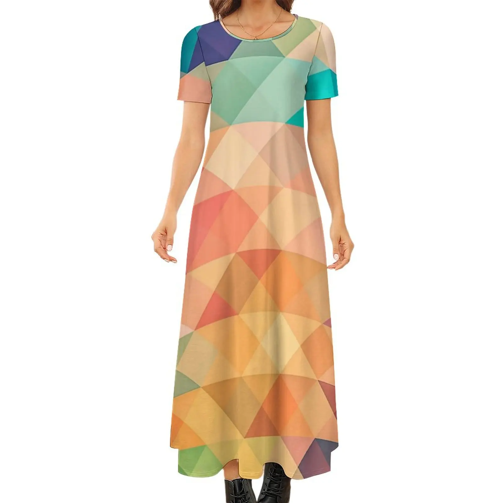 

Colorful Geo Print Dress Ombre Checkered Kawaii Maxi Dress Aesthetic Boho Beach Long Dresses Lady Short Sleeve Oversize Vestidos