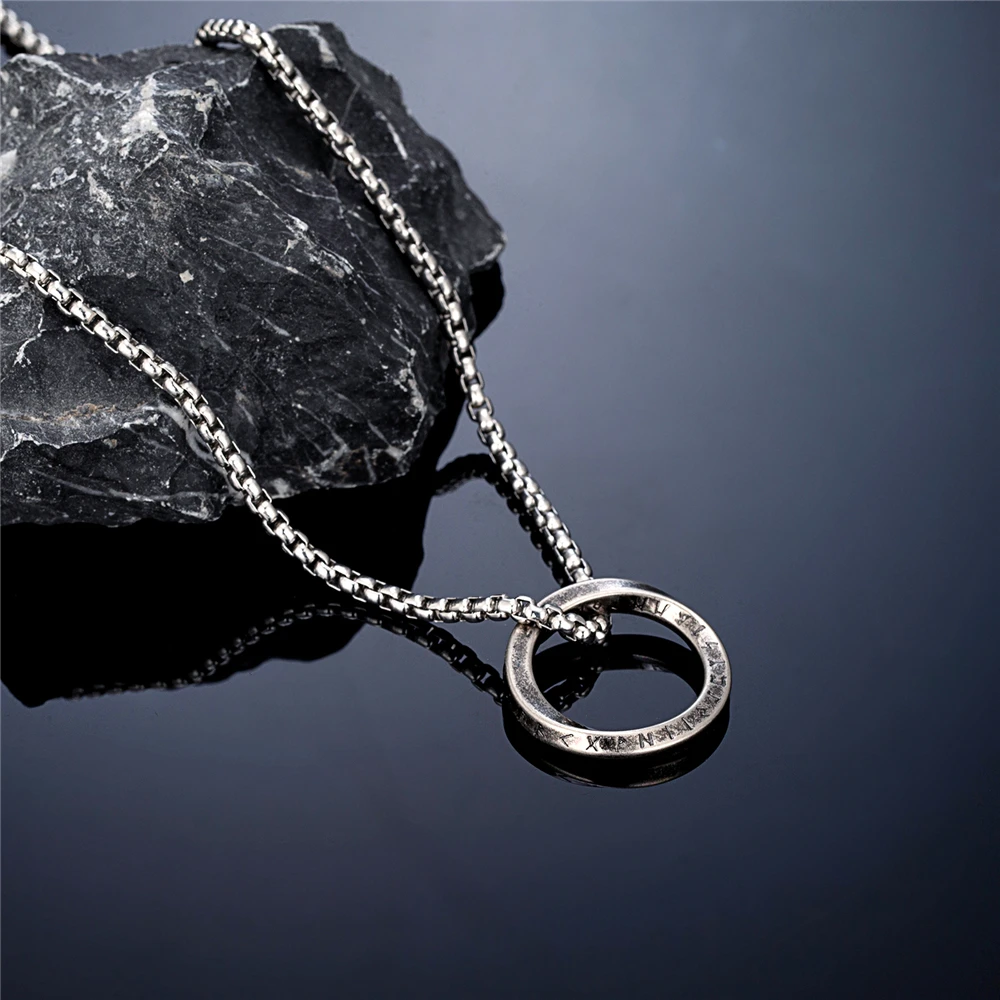 Vintage Mobius Rings Vikings Futhark Necklaces Men Stainless Steel Nordic Runes Amulet Pendant Punk Male Scandinavian Jewelry