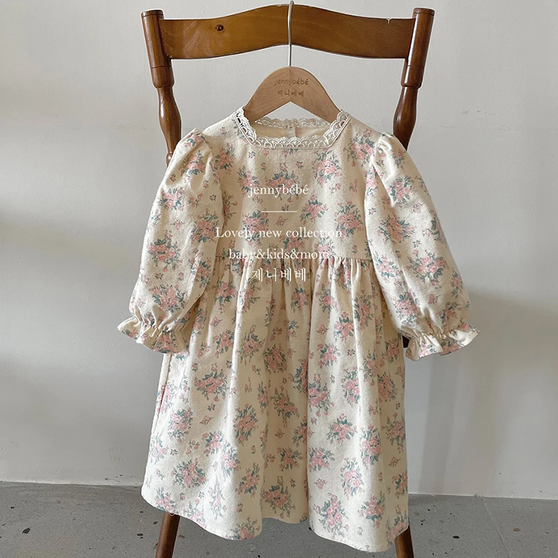 Autumn Spring Baby Girl Party Dress Long Sleeved Cotton Floral Printing Sister Dress Kids Princess Dresses Baby Girl Romper