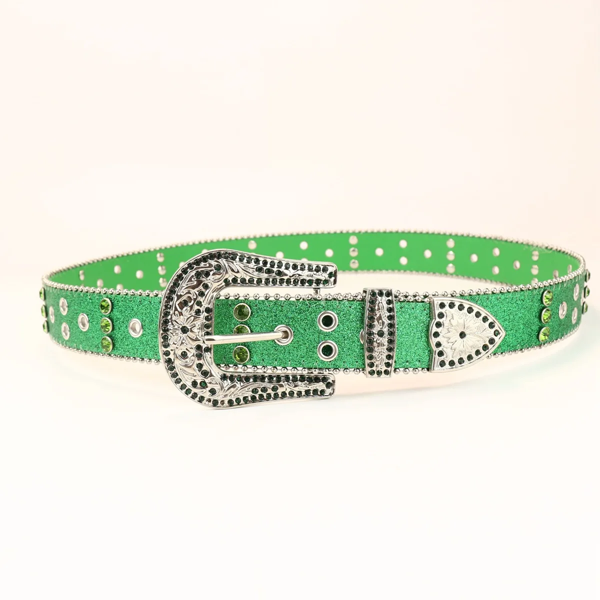 men's fashion green soft leather rhinestone belt diamond studded belts stage nightclub women stylish waistband designer strapon