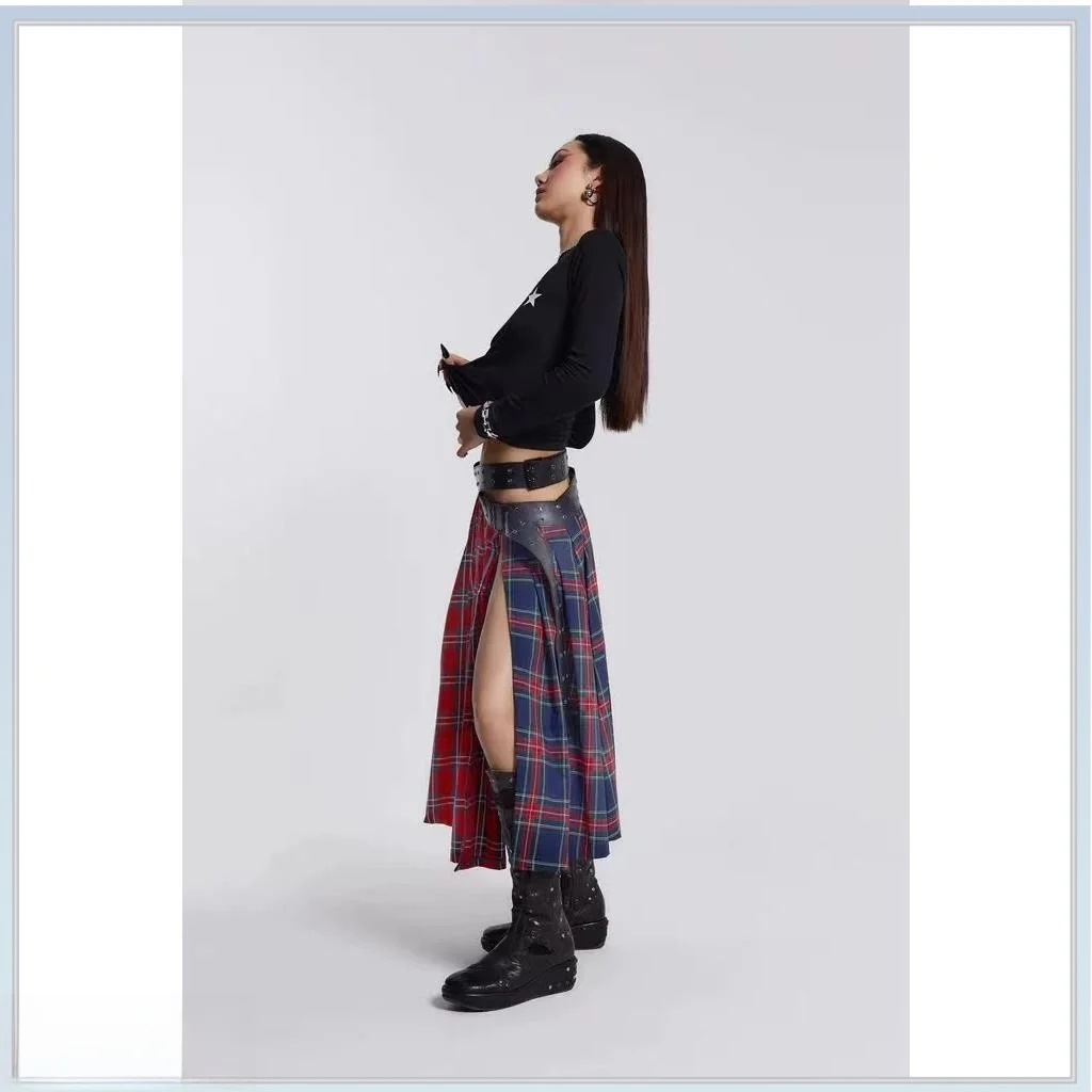 

Jaded London Sexy Y2K Plaid Long Folded Skirt with Belt Slit f-length A-line Cotton Gingham Cheered Work Commute Skirt