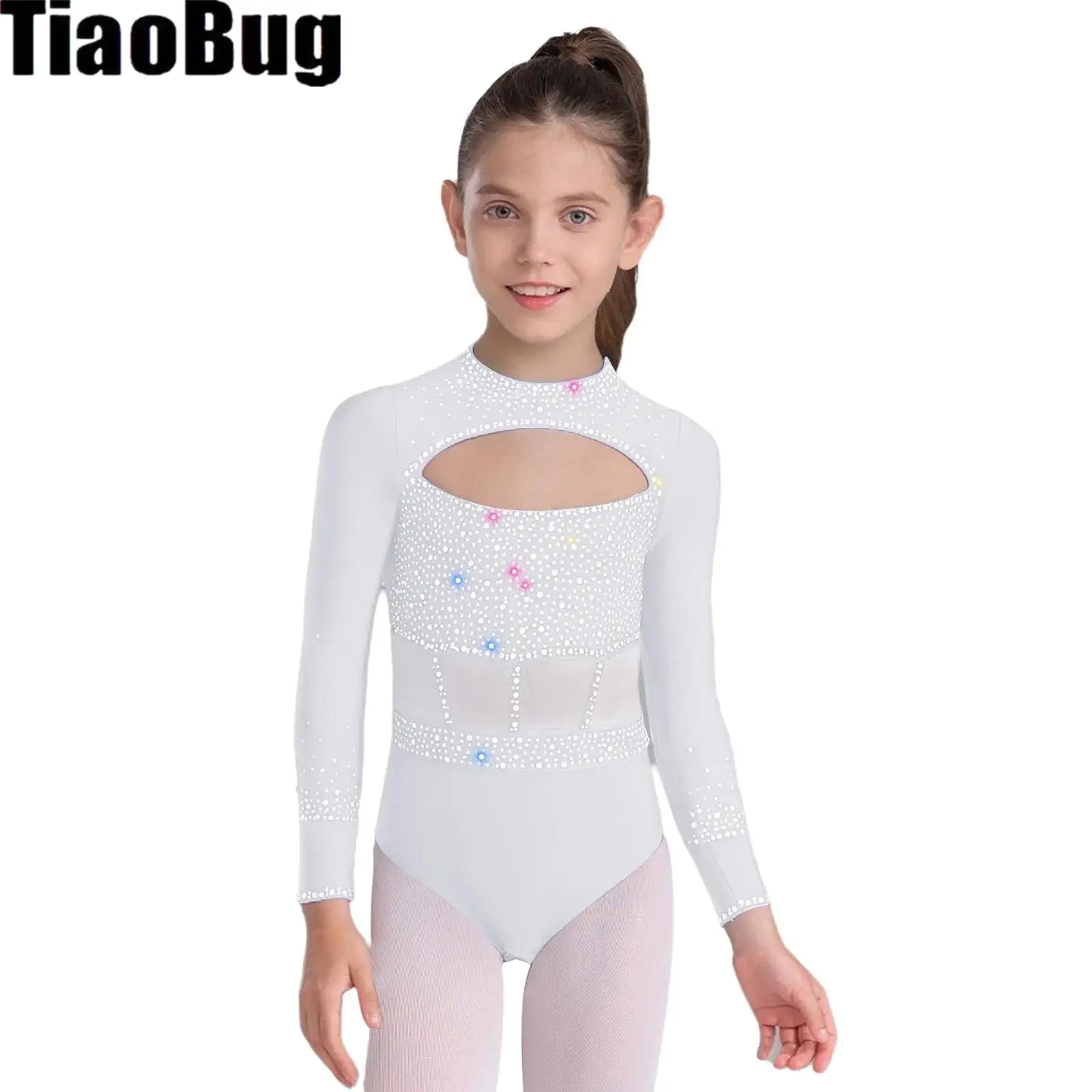 

Kids Girls Shiny Rhinestones Gymnastics Leotard Crew Neck Long Sleeve Back Invisible Zipper Cutout Front Bodysuit Dance Stage