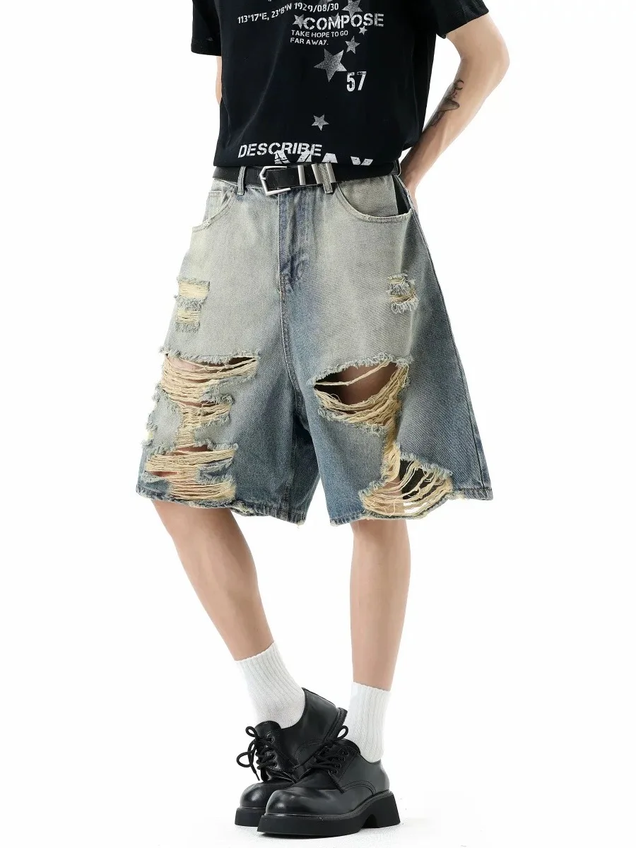 Shorts Jeans Retrô Americano Lavado com Rasgos, Moderno, Masculino e Feminino, Verão, Solto, Casual, Fresco, Calça de Cinco P...