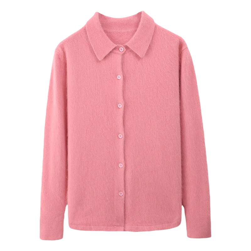 Chic femme grâce doux tricots femmes col Polo bouton Cardigan 100% vison cachemire pull automne hiver doux décontracté hauts