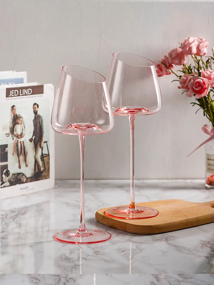 Nordic Light Luxury Crystal Flamingo Pink Goblet Inclined Mouth Wine Glasses Cocktail Glass for Kitchen Hotel Drinks