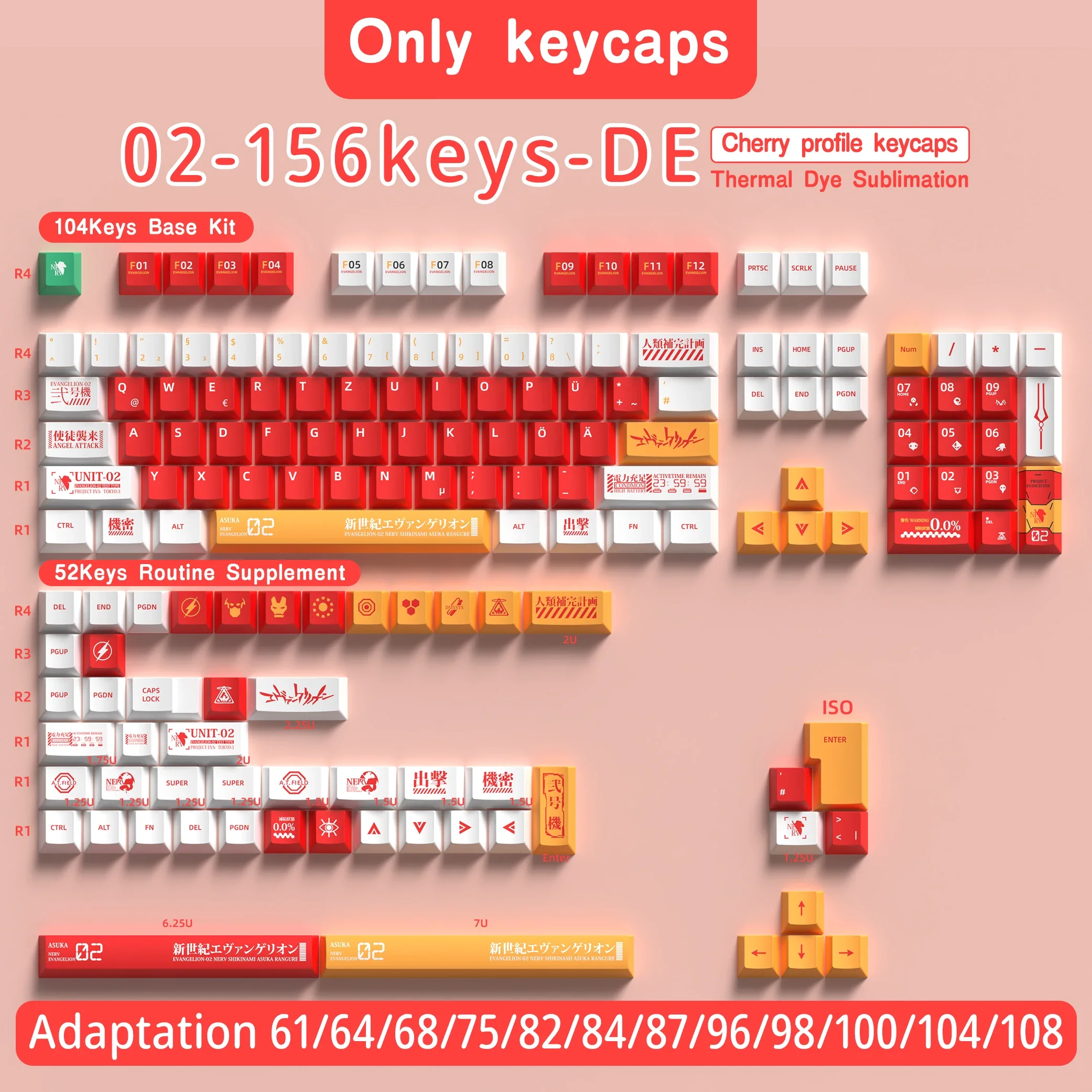 KYOMOT Deutsche Tastatur-Tastenkappen 156-Tasten DE Cute Anime PBT Sub Dye Cherry DE Profile Tastenkappe ISO-Layout für mechanische Tastaturkappe