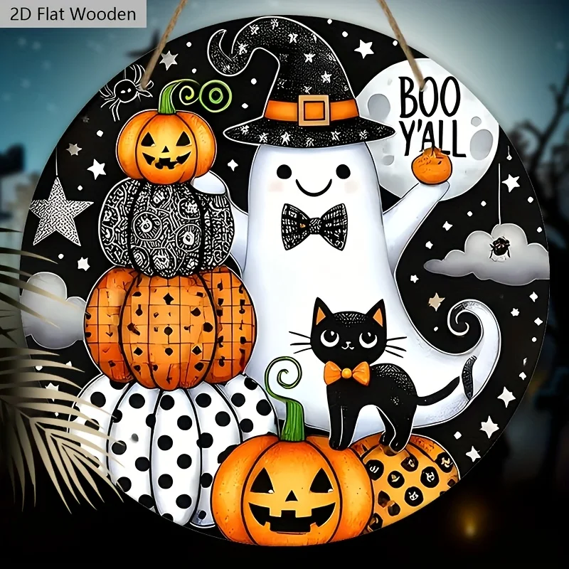 Letrero de madera plano 2D con temática de Halloween, diseño de fantasma y gato negro - Perfecto para decorar tu puerta de entra