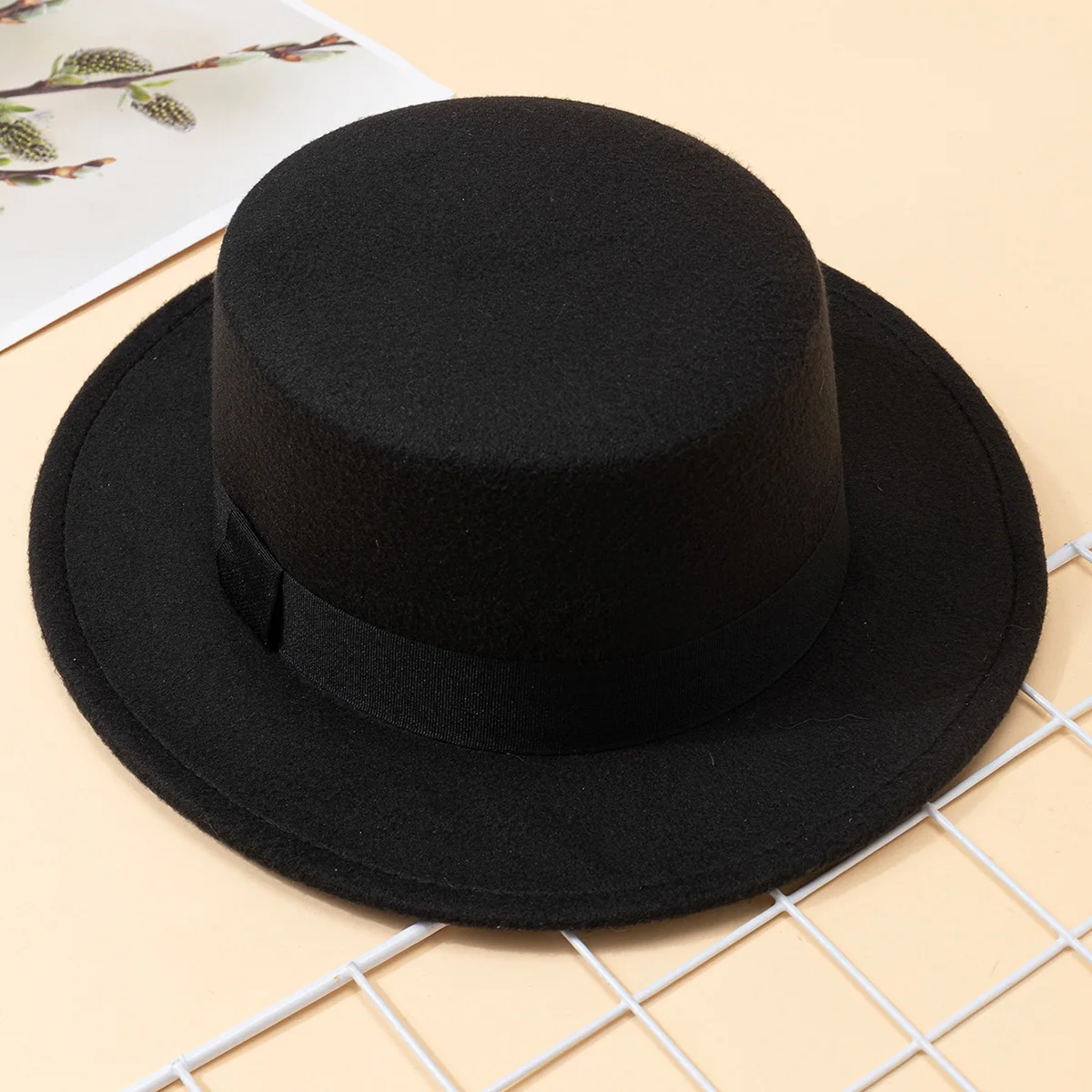 Hat Women\'s Woolen Top Hat Autumn and Winter Black Vintage Gentleman English Style Flat Top Stage Accessories Top Hat