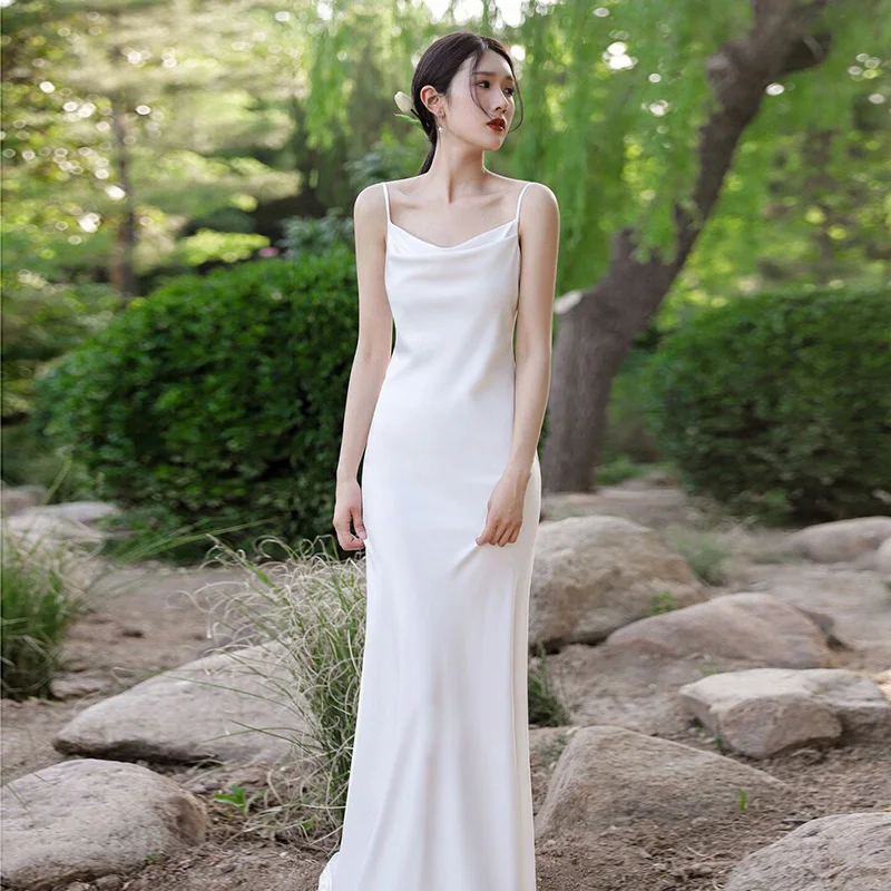 

Light Satin Wedding Dr New Sle White Simple Strap Outdoor Travel Photoaphy Guest Evening Gown Women
