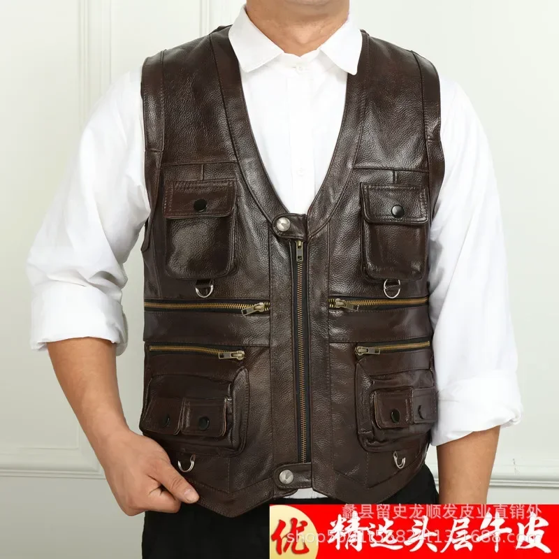 

2024 Men's Men's Pocket Leather Vest Spring and Autumn Fashion First Layer Cowhide Outdoor Fishing Leather Vest