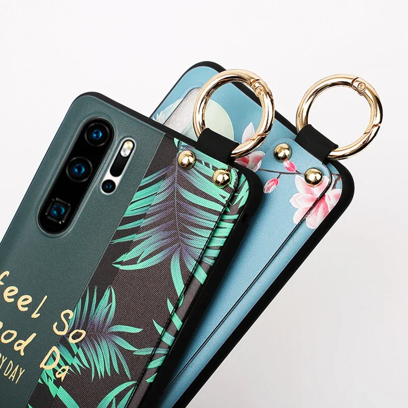 P40 P20 P30 Pro Lite Case 3D Fashion Art Leaf Flower TPU Wrist Strap Holder Cover for Huawei P Smart 2021 Z Mate 20 Honor 50 20