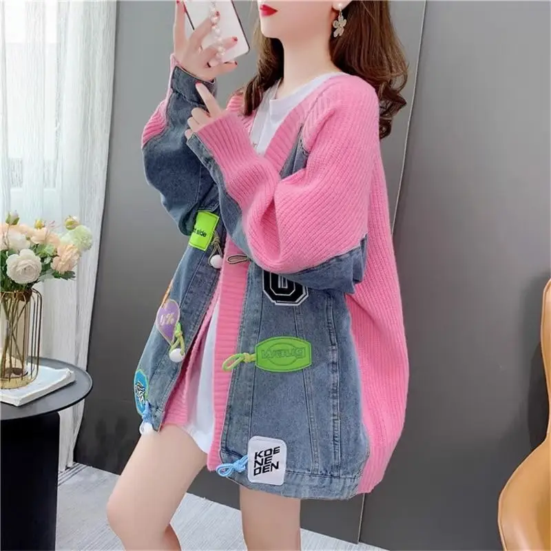 Autumn and Winter Easy Lazy Wind Sweater Cardigan Women Design Sense Cowboy Splicing Together Loose Coat Tops