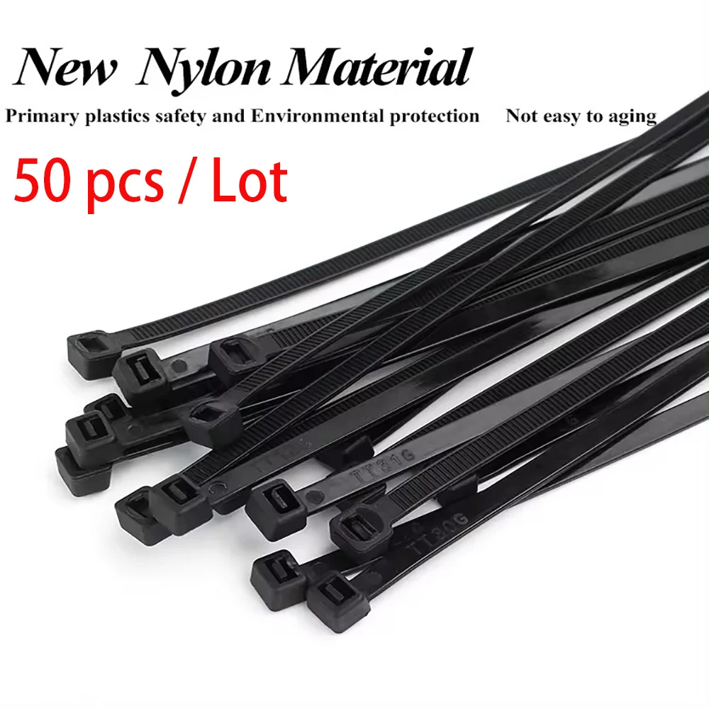 50Pcs Cable Tie Self-Locking Nylon Wire Zip Ties Plastic Black Organiser Fasten Cable Fastening Ring Zip Wraps Strap