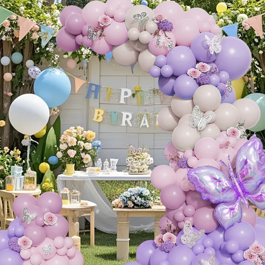 مجموعة إكليل مقوسة بالونات على شكل فراشة مكونة من 106 قطع، بالونات وردية وأرجوانية مع بالونات من رقائق الفراشة، مناسبة للفتيات #4